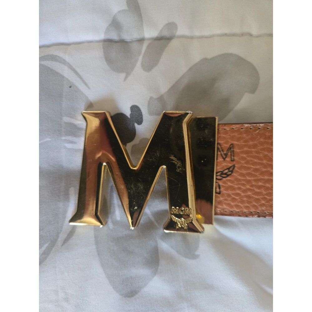 MCM Reversible Visetos Cognac Brown Leather Belt Gold M Buckle Size 42/105